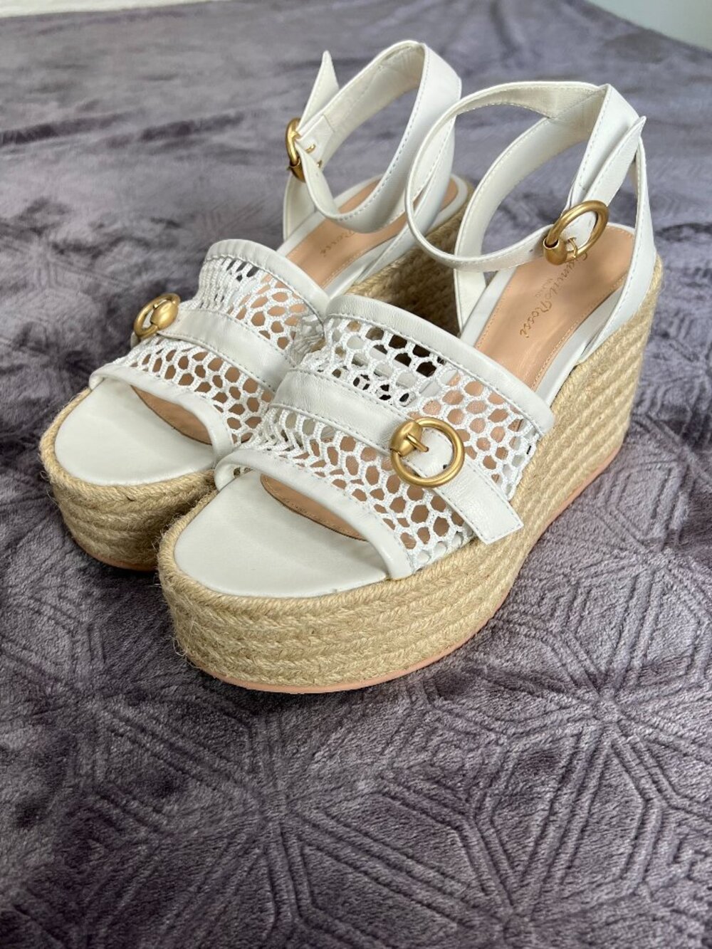 Gianvito Rossi White Leather & Espadrille Wedge Sandals with Gold Buckles